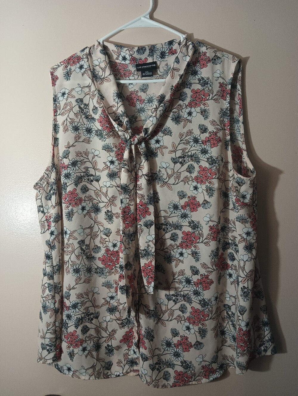 Sleeveless Tie-Neck Floral Blouse - Cream with Pink, White And Black